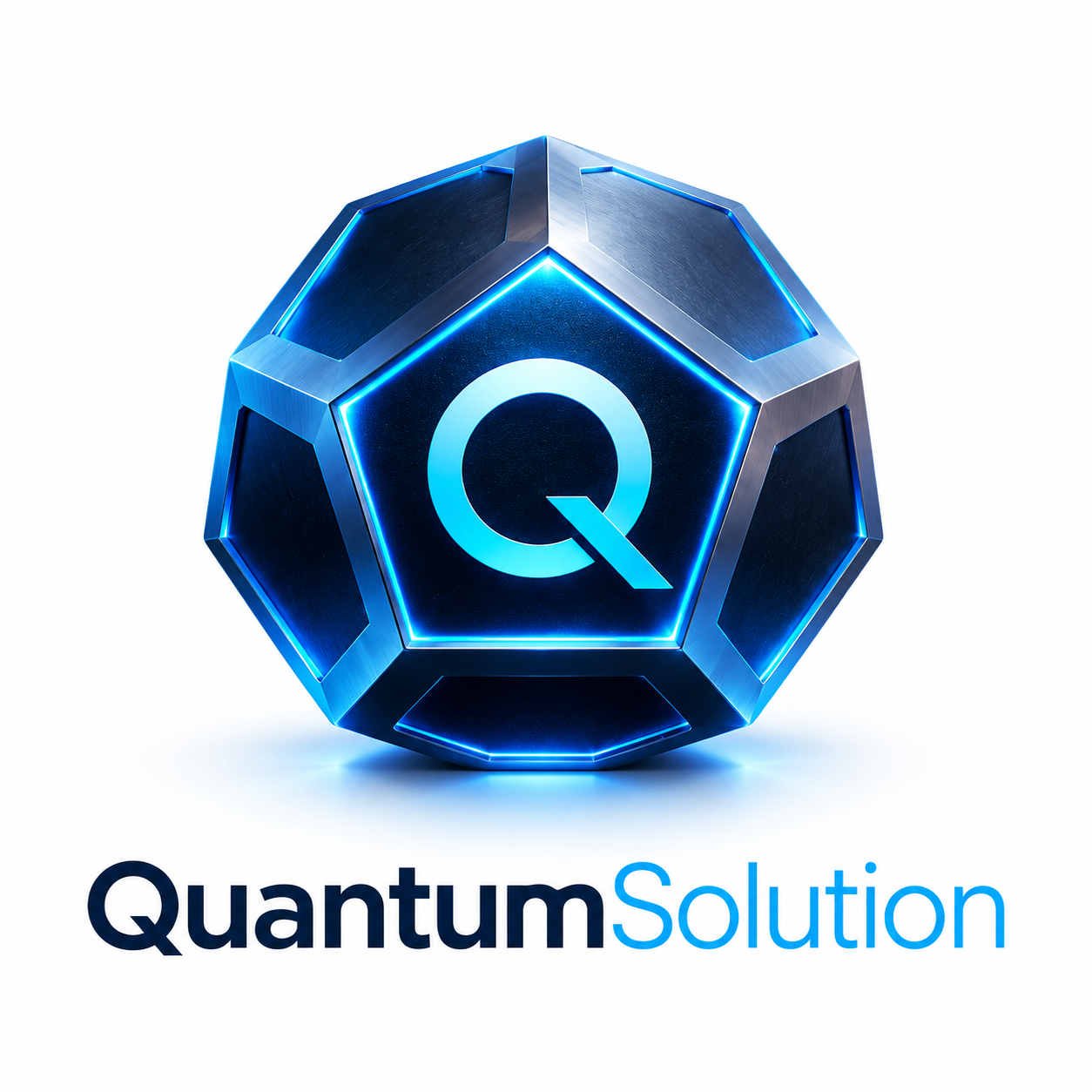 QuantumSolution-Logo: blauer Dodekaeder mit Q und Wortmarke
